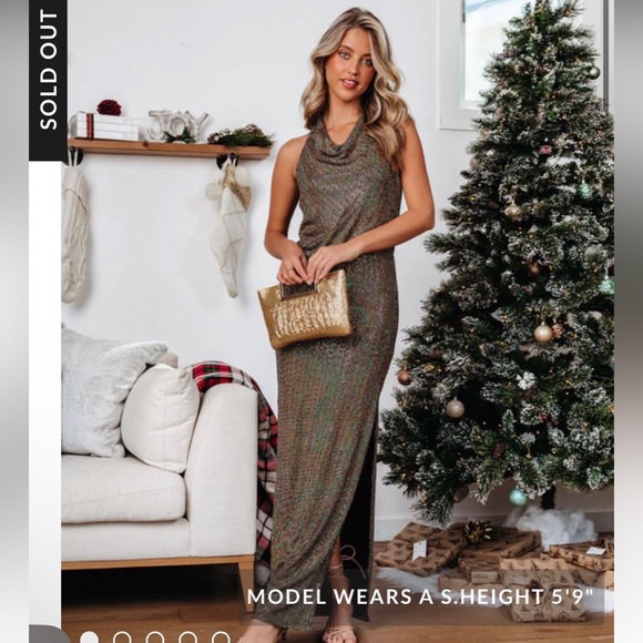 VICI Disco Fever shimmer long dress w/ slit & draped halter cowl neckline. NEW L - Picture 8 of 12